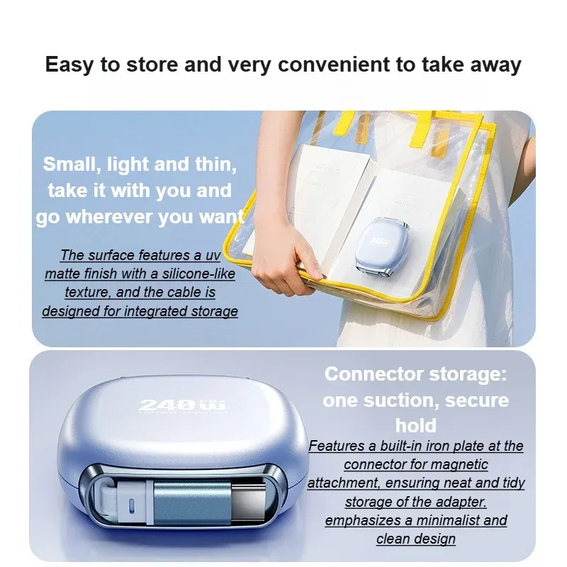 Câble de charge rapide rétractable USB-C vers USB-C 240 W à enroulement automatique pour smartphone, tablette et ordinateur portable 5