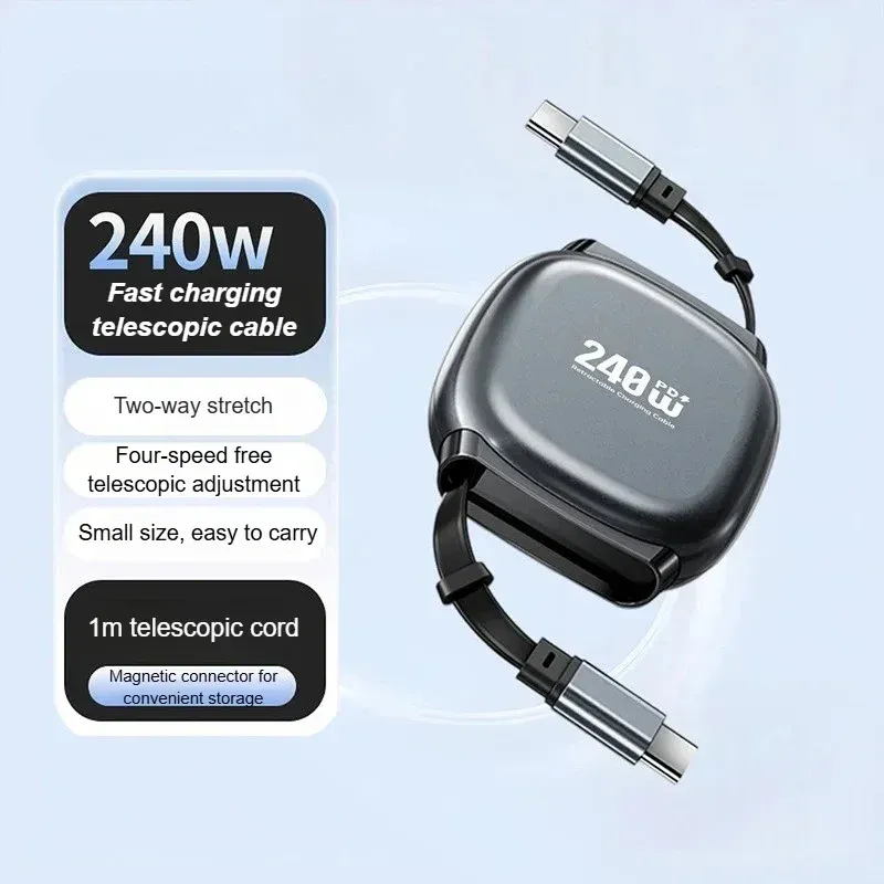 Câble de charge rapide rétractable USB-C vers USB-C 240 W à enroulement automatique pour smartphone, tablette et ordinateur portable 8