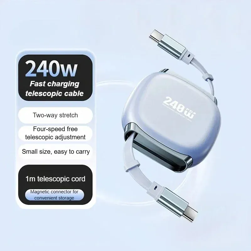 Câble de charge rapide rétractable USB-C vers USB-C 240 W à enroulement automatique pour smartphone, tablette et ordinateur portable 9