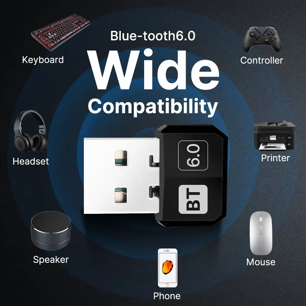 Adaptateur Bluetooth USB 6.0 / 5.4 pour PC, récepteur audio et transmetteur de musique, compatible souris et clavier sans fil 4