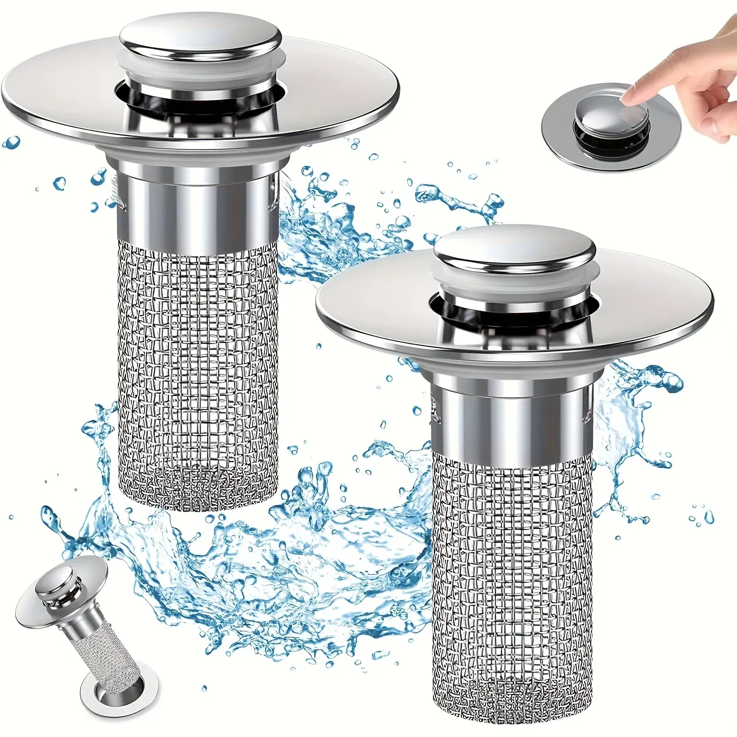 Crépine de vidange pop-up en acier inoxydable (lot de 2) avec panier amovible, filtre à cheveux pour baignoire, douche et évier - Image 1