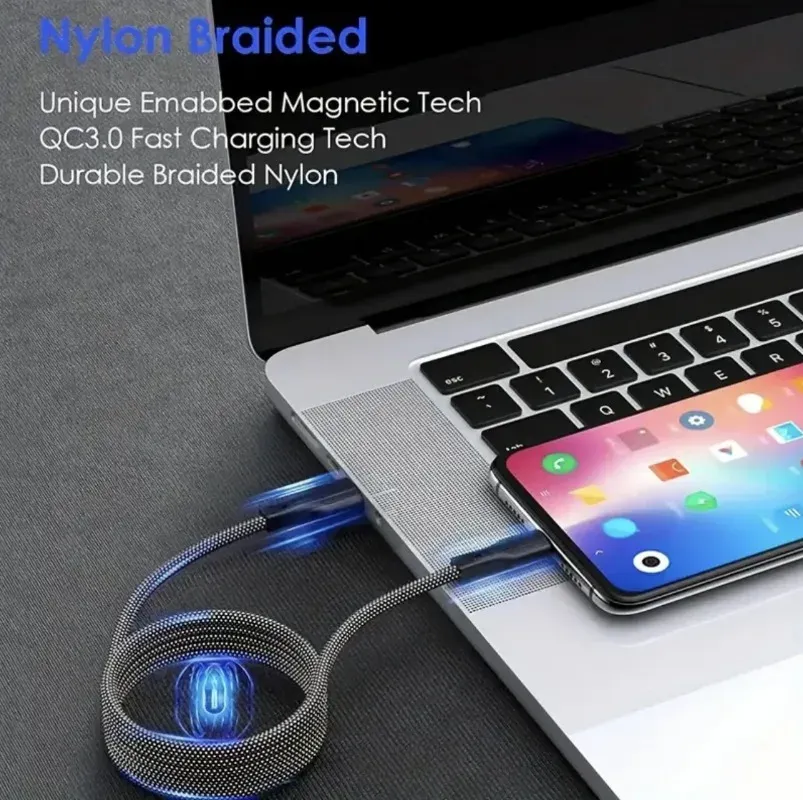 Câble magnétique USB-C vers USB-C 100 W, câble de charge rapide pour iPhone 15, Xiaomi, USB-A vers USB-C, câble de charge et de transfert de données pour tablettes, MacBook et Samsung 5