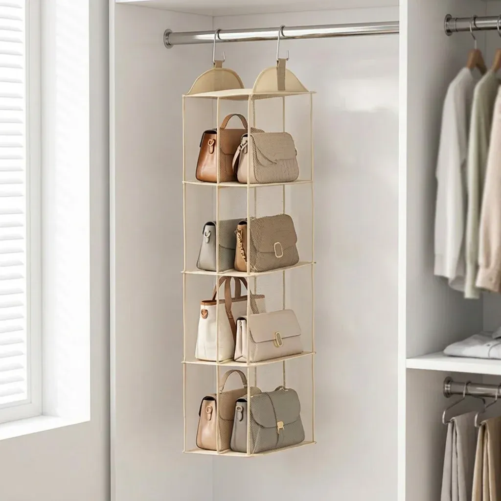 Organisateur de sacs à main suspendu pour armoire, étagère de rangement multi-niveaux anti-poussière