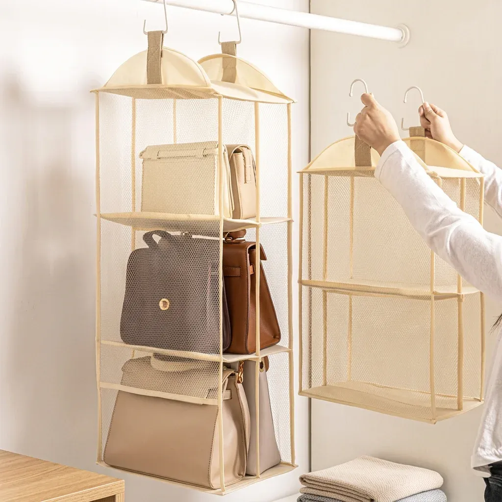 Organisateur de sacs à main suspendu pour armoire, étagère de rangement multi-niveaux anti-poussière 4
