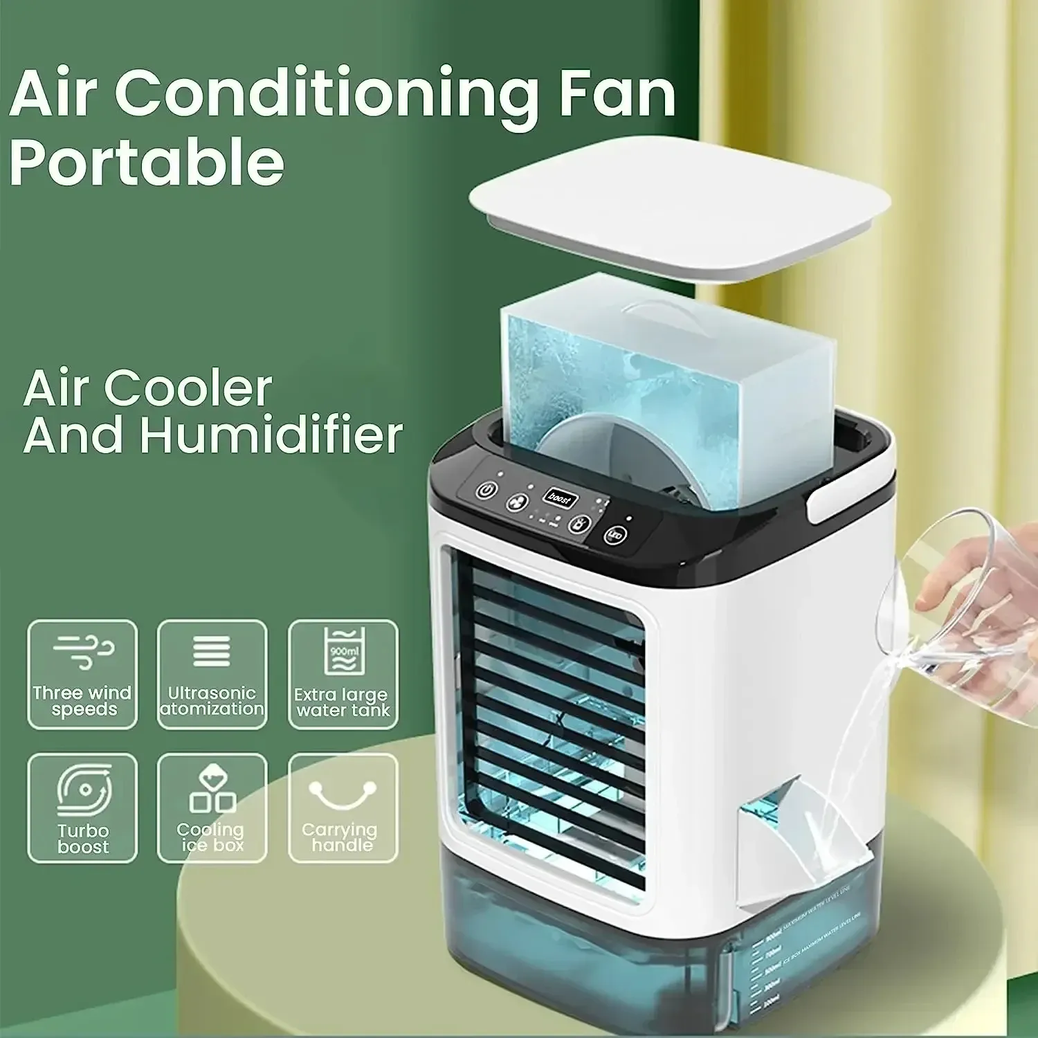 Climatiseur portable 3 vitesses avec réservoir d'eau de 900 ml, mini refroidisseur d'air, ventilateur électrique et humidificateur pour chambre et bureau
