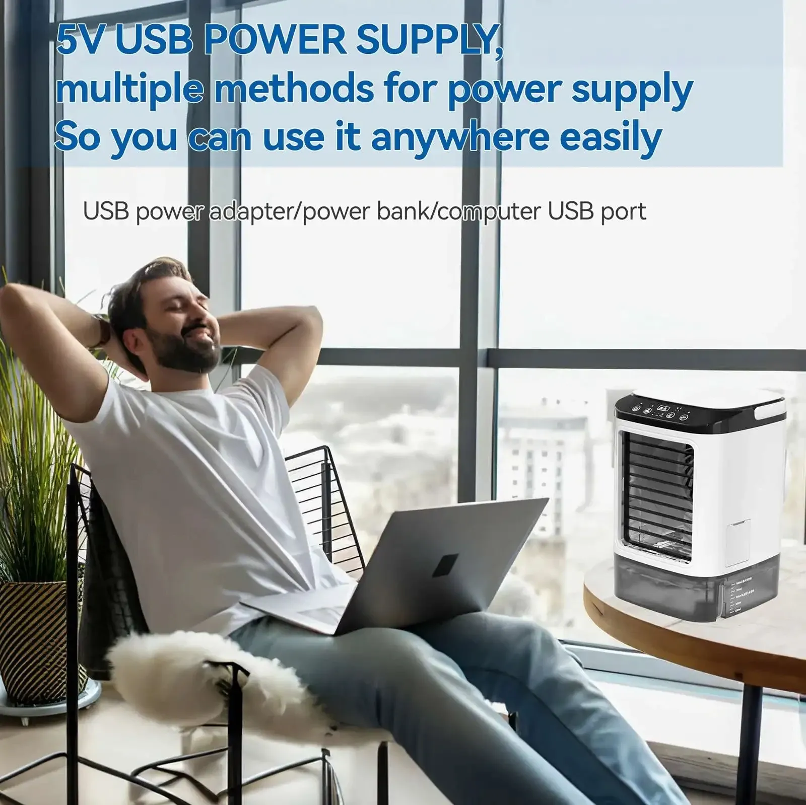 Climatiseur portable 3 vitesses avec réservoir d'eau de 900 ml, mini refroidisseur d'air, ventilateur électrique et humidificateur pour chambre et bureau 5