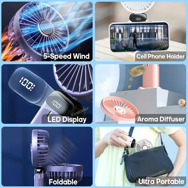 Mini ventilateur USB portable pliable à porter autour du cou, 5 vitesses, rechargeable, avec support pour téléphone 4