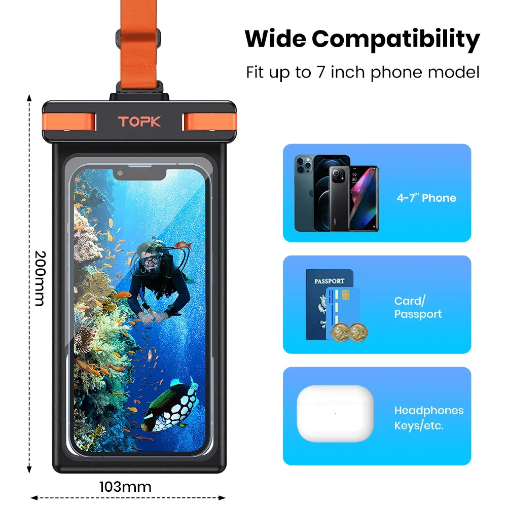 Pochette étanche TOPK IPX8 pour smartphone à écran tactile, compatible jusqu'à 7,0 pouces 6