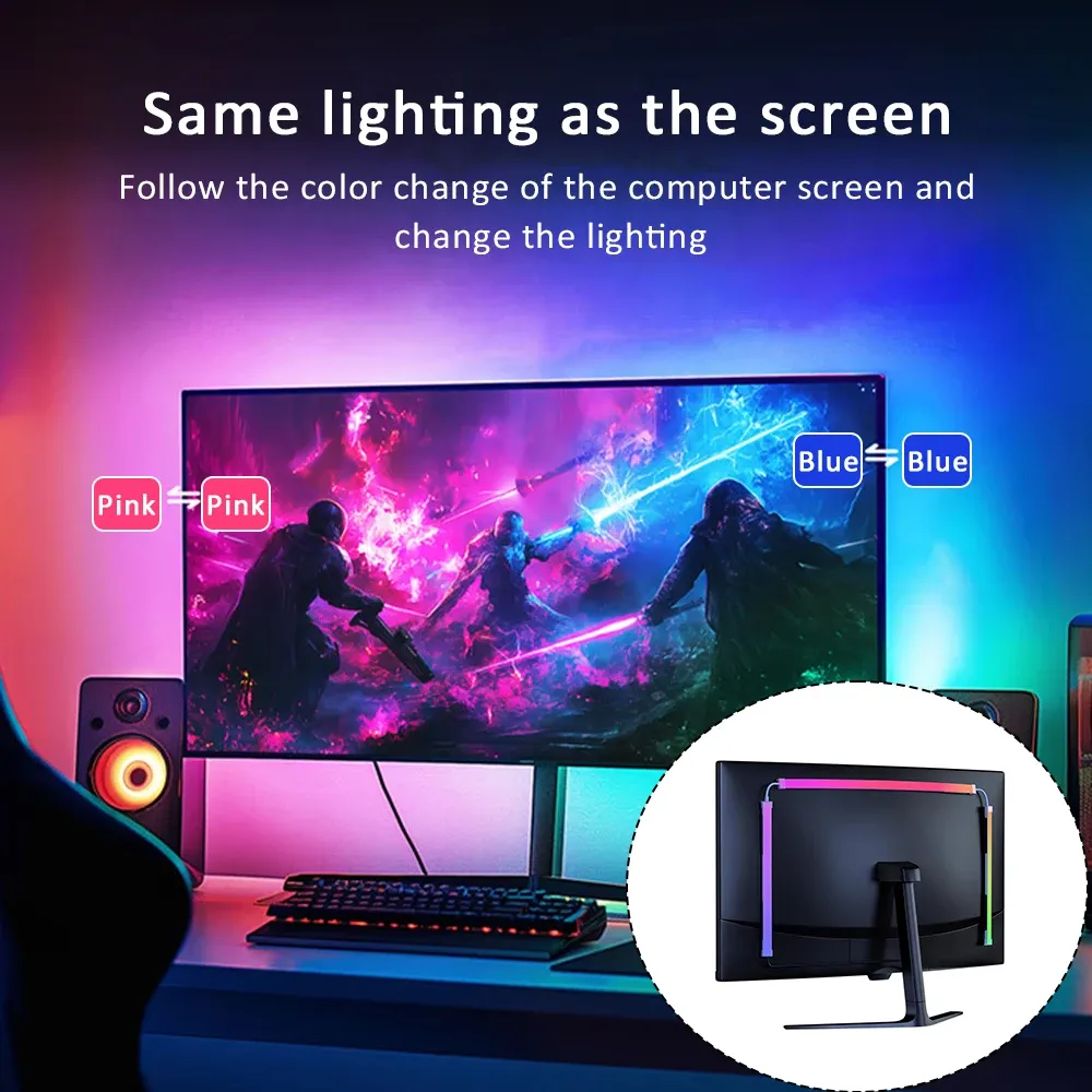 Bande lumineuse LED RGB rétroéclairage pour moniteur 24 à 34 pouces, USB, synchronisation PC, ambiance de salle de jeu 2