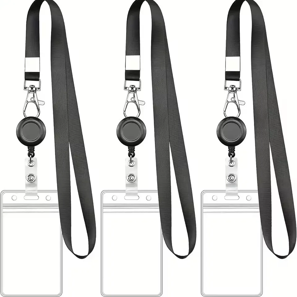 Ensemble de porte-badges rétractables noirs avec mousqueton et porte-carte en PVC étanche, cordon durable, pour cartes d'identité et badges professionnels