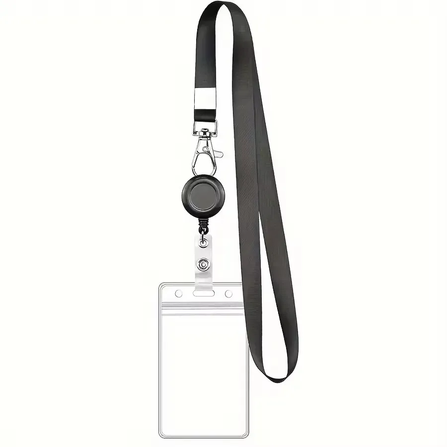 Ensemble de porte-badges rétractables noirs avec mousqueton et porte-carte en PVC étanche, cordon durable, pour cartes d'identité et badges professionnels 8