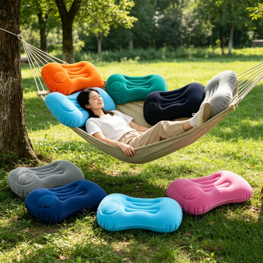 Oreiller de voyage auto-gonflant portable, en tissu floqué doux, ergonomique, pour avion et camping