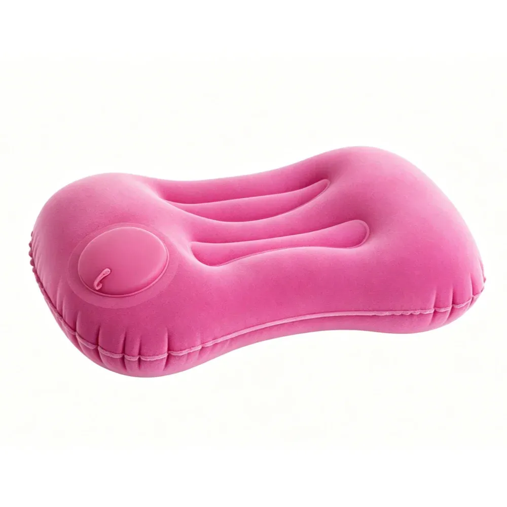 Oreiller de voyage auto-gonflant portable, en tissu floqué doux, ergonomique, pour avion et camping 9