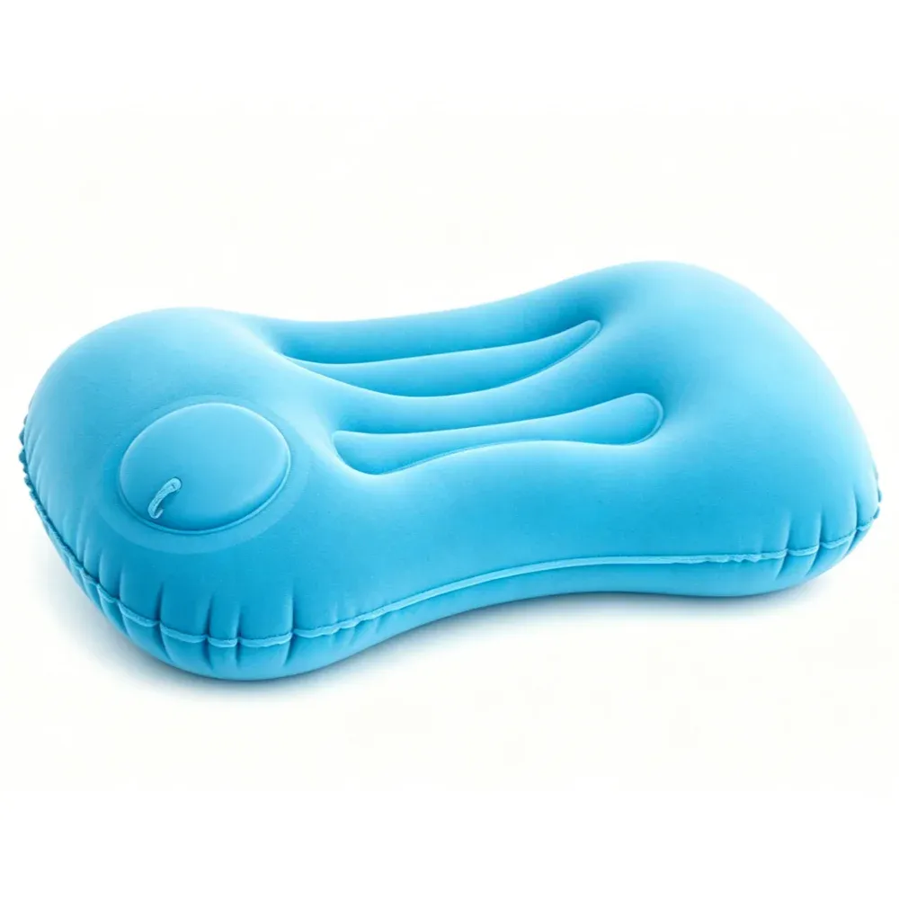 Oreiller de voyage auto-gonflant portable, en tissu floqué doux, ergonomique, pour avion et camping 12