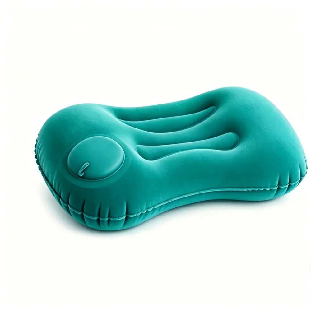 Oreiller de voyage auto-gonflant portable, en tissu floqué doux, ergonomique, pour avion et camping 8