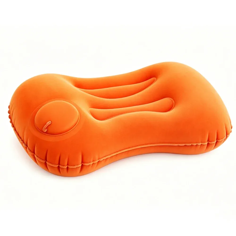 Oreiller de voyage auto-gonflant portable, en tissu floqué doux, ergonomique, pour avion et camping 7