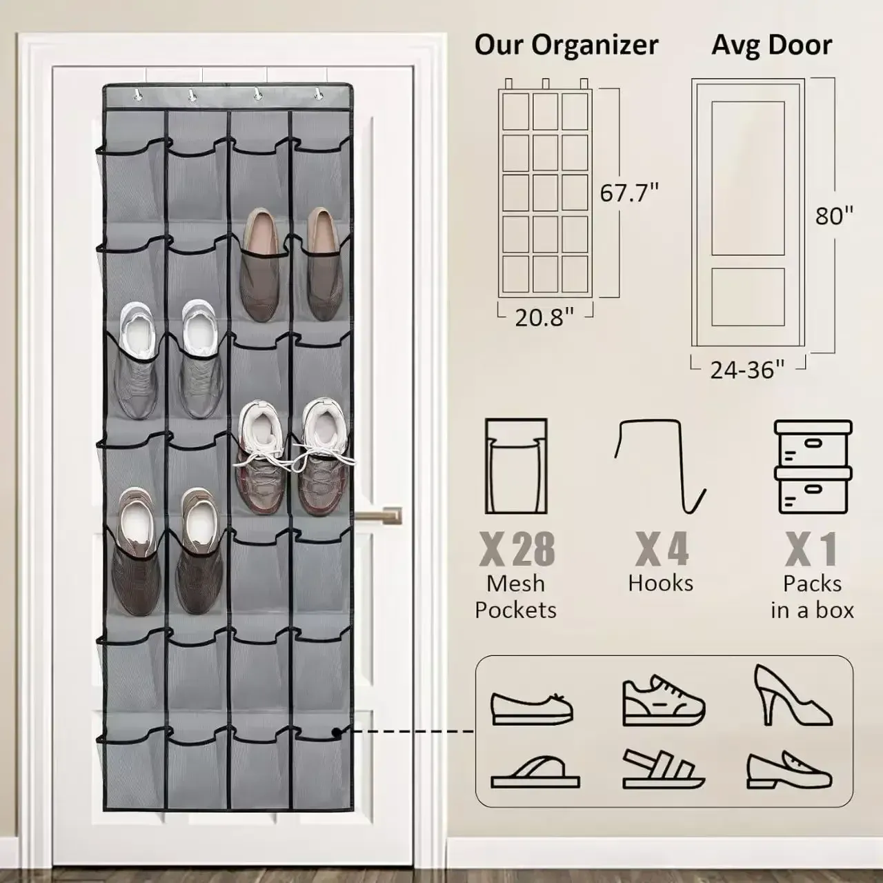 Organisateur à chaussures suspendu à la porte, 14, 24 ou 40 grilles, poches en maille, rangement pour placard 6