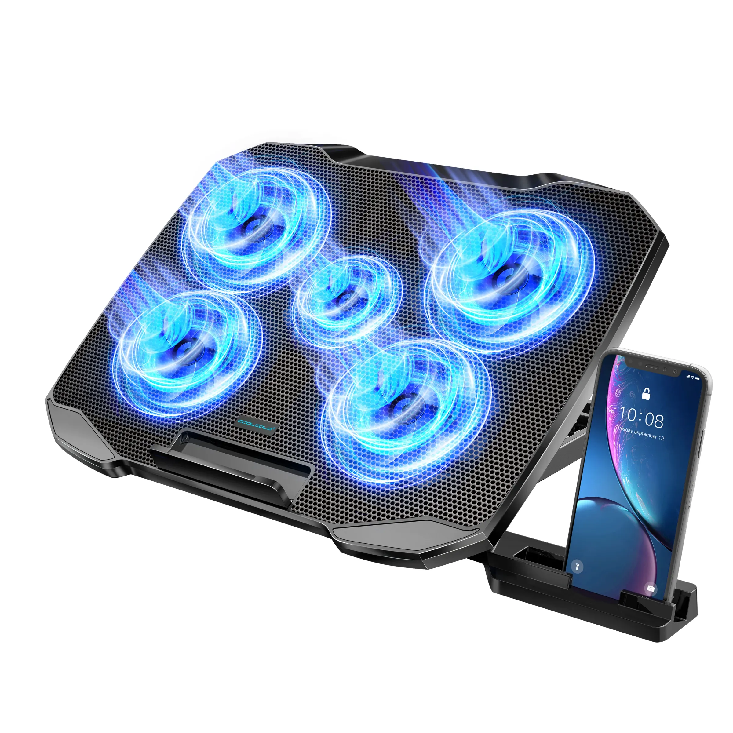 Support de refroidissement COOLCOLD pour ordinateur portable 12 à 17 pouces, 5 ventilateurs silencieux, 5 angles réglables, avec support pour téléphone
