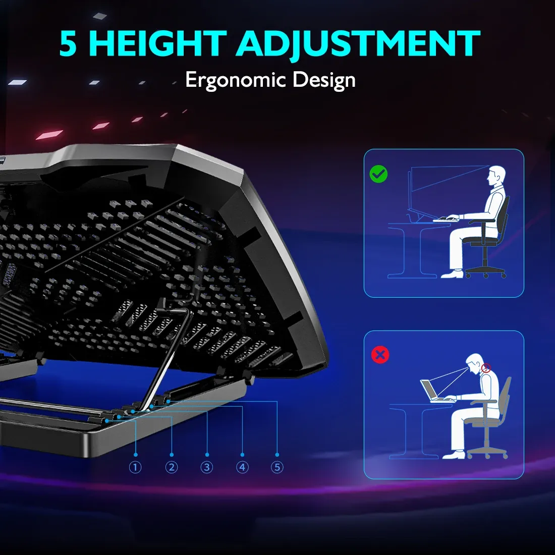 Support de refroidissement COOLCOLD pour ordinateur portable 12 à 17 pouces, 5 ventilateurs silencieux, 5 angles réglables, avec support pour téléphone 5