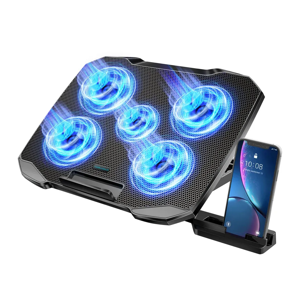 Support de refroidissement COOLCOLD pour ordinateur portable 12 à 17 pouces, 5 ventilateurs silencieux, 5 angles réglables, avec support pour téléphone 8