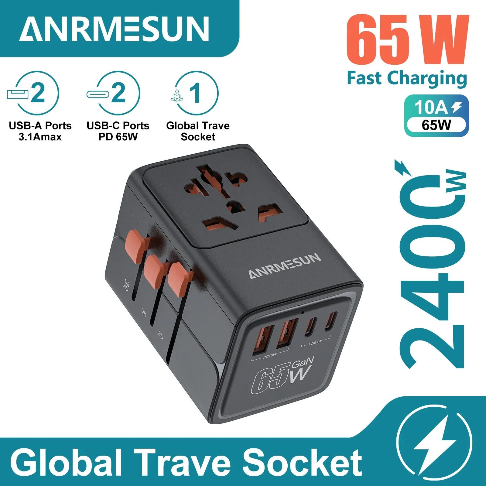 Adaptateur de voyage universel GaN 65 W / 45 W / 25 W, 2 ports USB-C, charge rapide, compatible EU, UK, USA et AUS