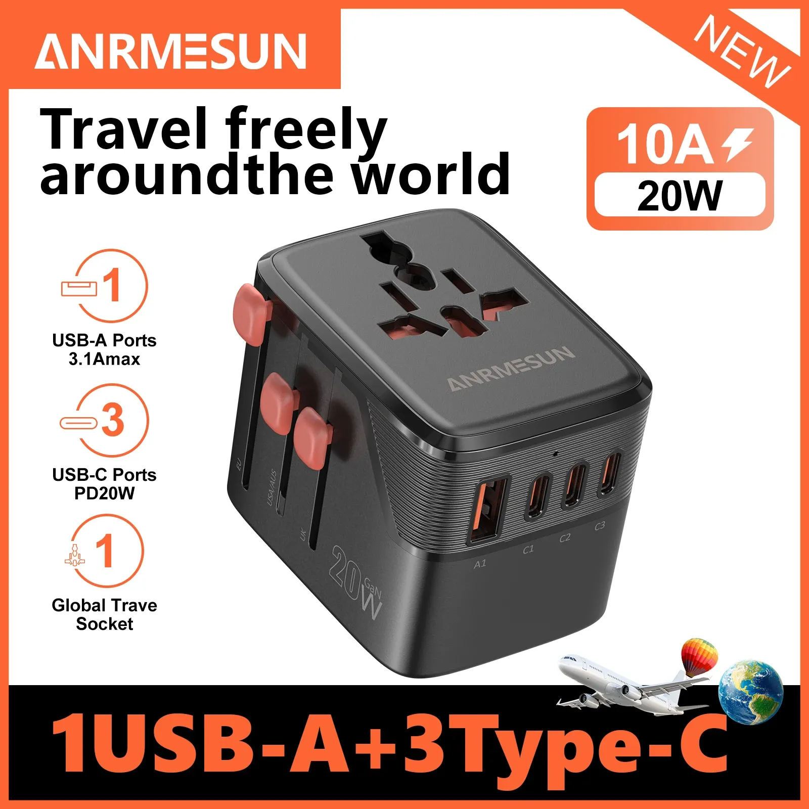 Adaptateur de voyage universel GaN 65 W / 45 W / 25 W, 2 ports USB-C, charge rapide, compatible EU, UK, USA et AUS 8