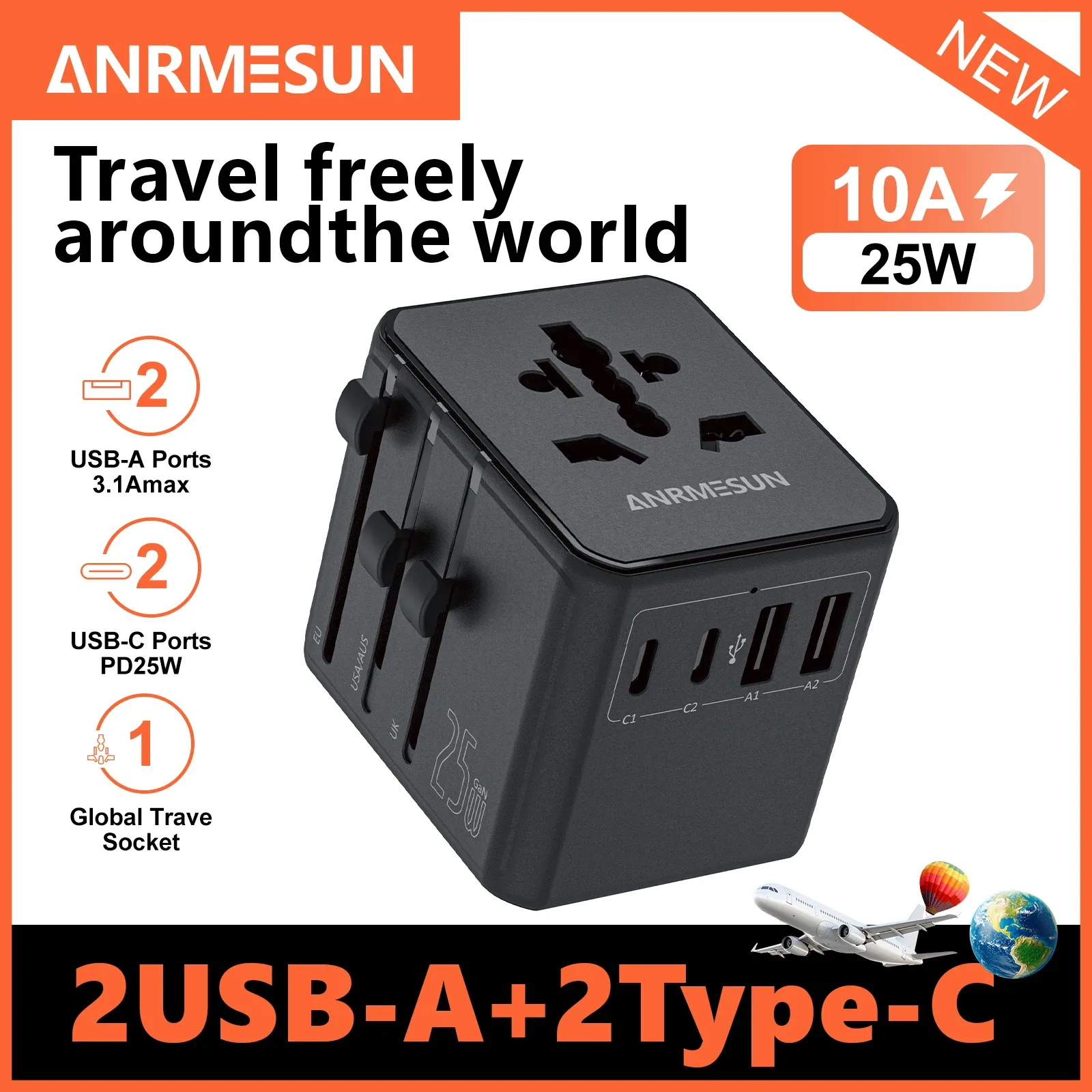 Adaptateur de voyage universel GaN 65 W / 45 W / 25 W, 2 ports USB-C, charge rapide, compatible EU, UK, USA et AUS 7