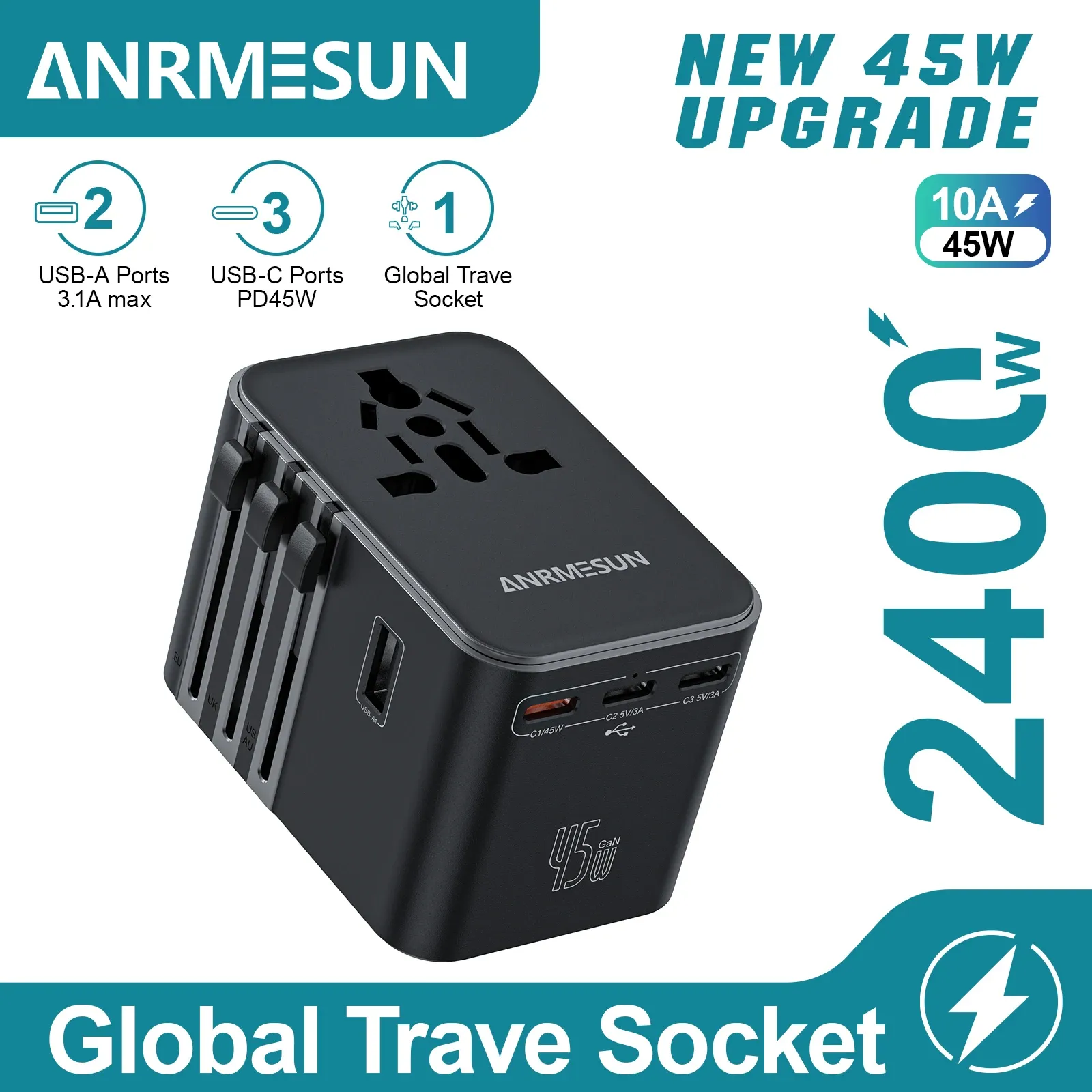 Adaptateur de voyage universel GaN 65 W / 45 W / 25 W, 2 ports USB-C, charge rapide, compatible EU, UK, USA et AUS 9