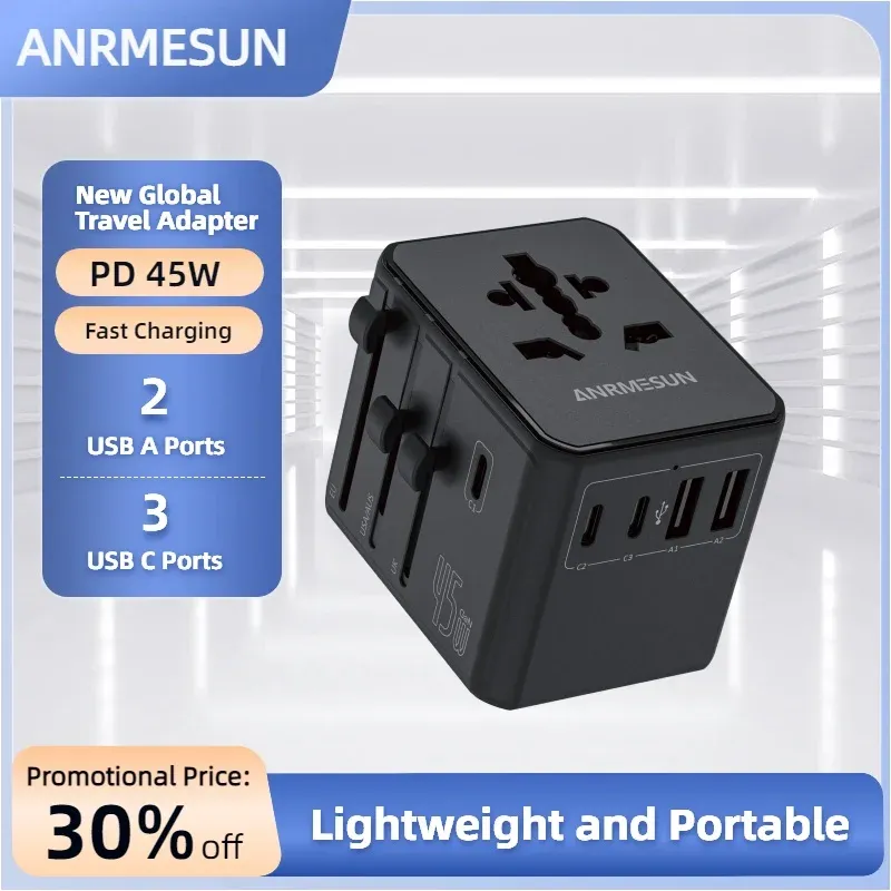 Adaptateur de voyage universel GaN 65 W / 45 W / 25 W, 2 ports USB-C, charge rapide, compatible EU, UK, USA et AUS 13