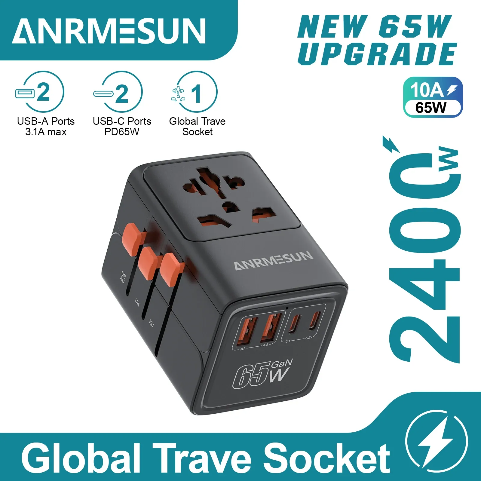 Adaptateur de voyage universel GaN 65 W / 45 W / 25 W, 2 ports USB-C, charge rapide, compatible EU, UK, USA et AUS 10