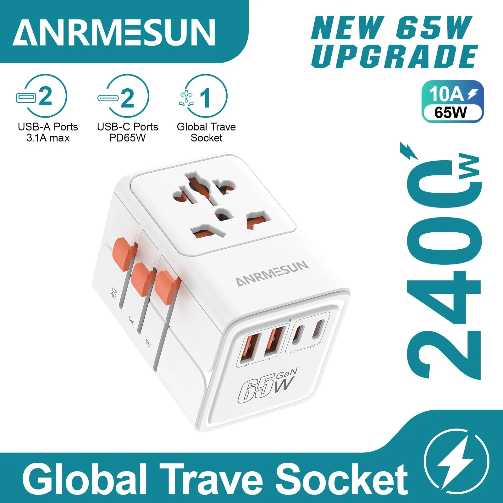 Adaptateur de voyage universel GaN 65 W / 45 W / 25 W, 2 ports USB-C, charge rapide, compatible EU, UK, USA et AUS 11