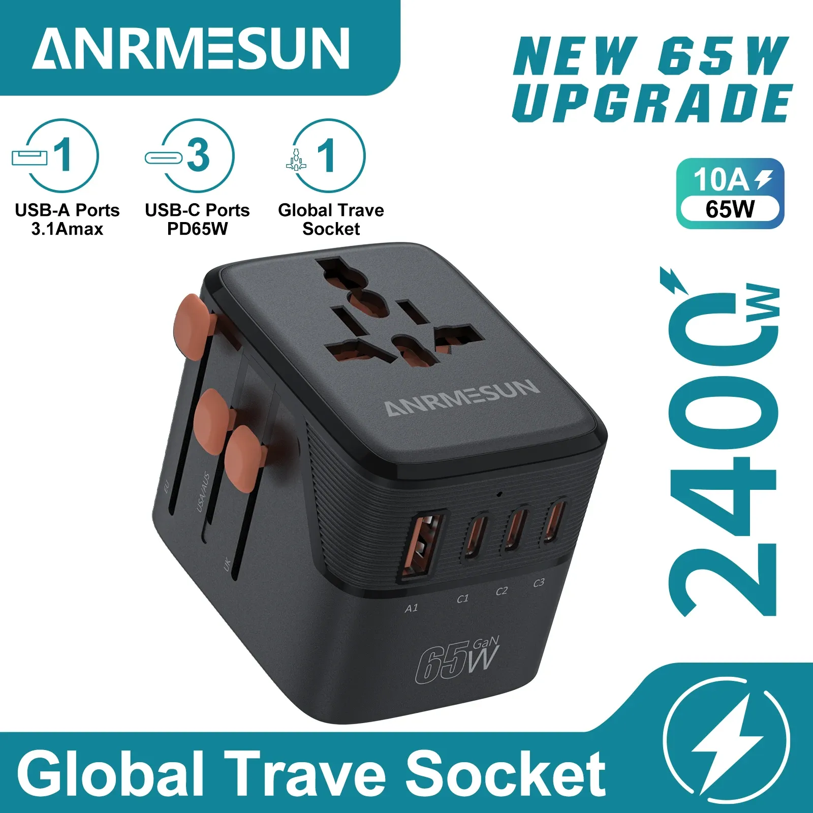 Adaptateur de voyage universel GaN 65 W / 45 W / 25 W, 2 ports USB-C, charge rapide, compatible EU, UK, USA et AUS 12