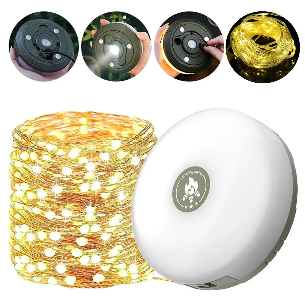 Lampe de camping LED à guirlande enroulable en ambiance extérieure