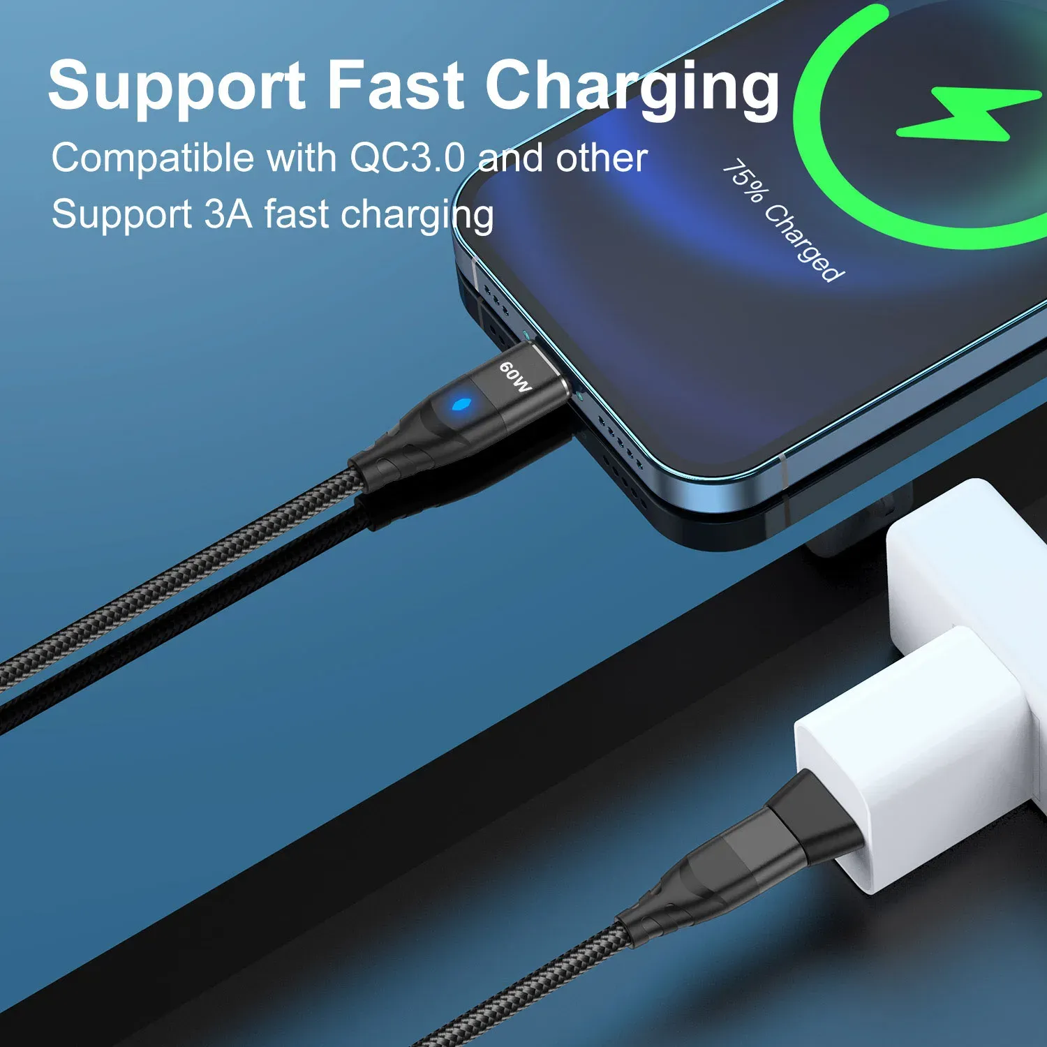 Câble de charge rapide magnétique USB-C vers VopeC pour iPhone et Samsung, 60 W 3