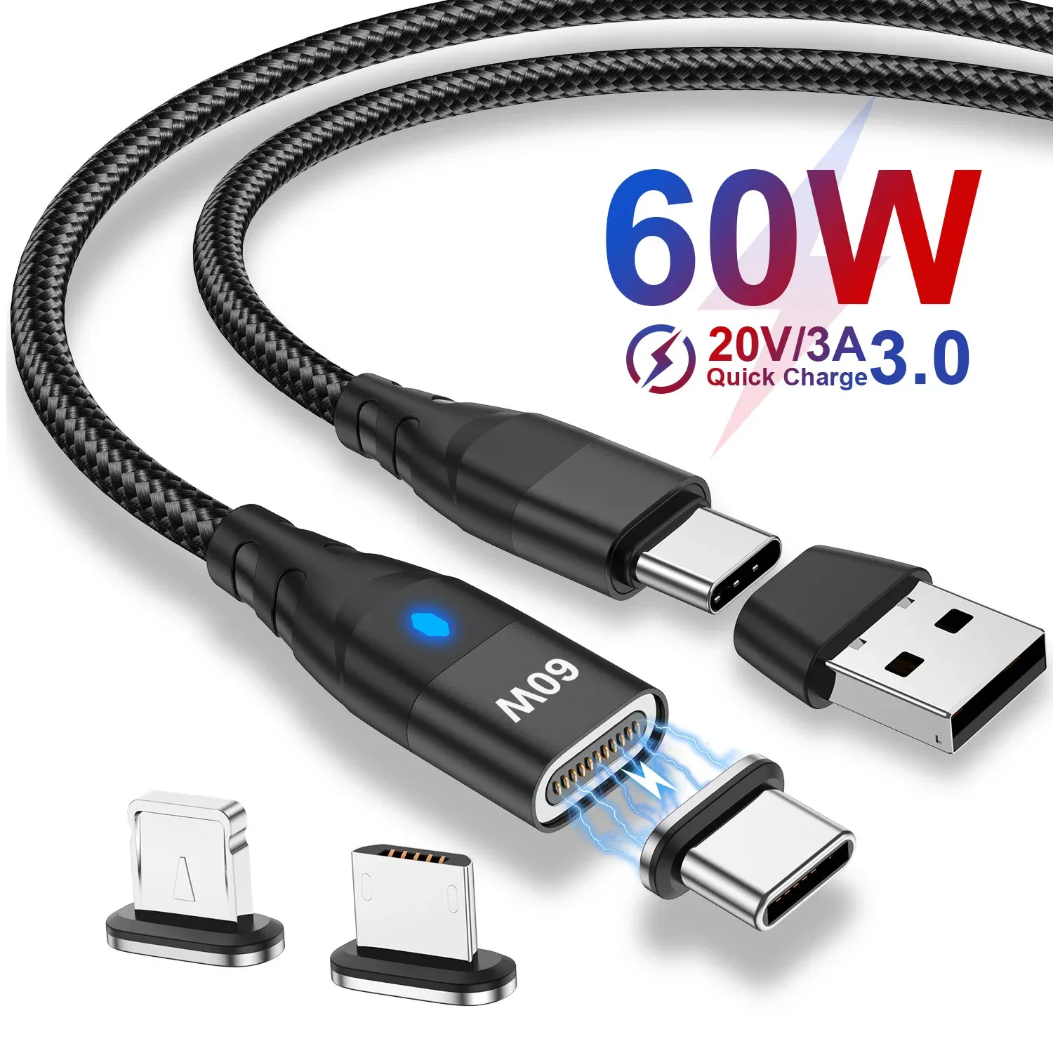 Câble de charge rapide magnétique USB-C vers VopeC pour iPhone et Samsung, 60 W