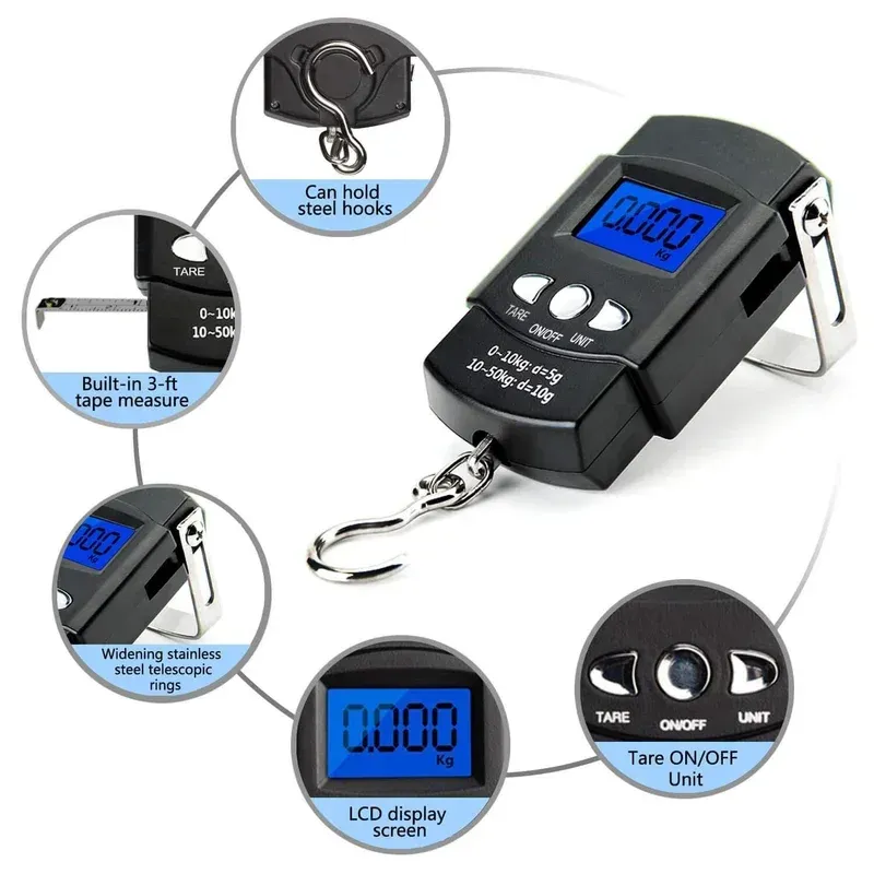 Balance électronique FLYSAND 50 kg / 110 lb rétroéclairée à écran LCD avec mètre ruban, balance numérique de pêche à crochet suspendu - Image 1