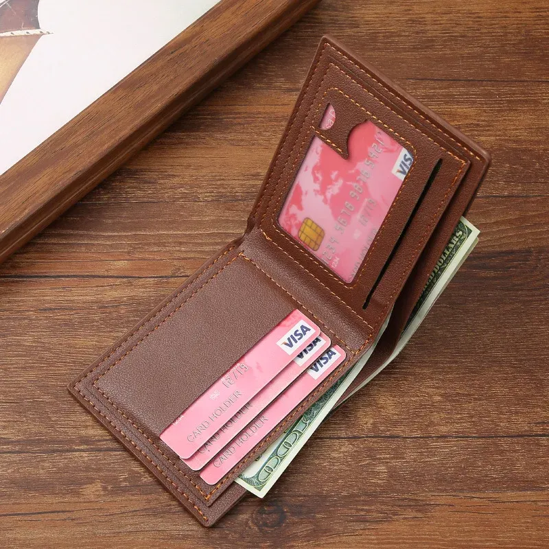 Portefeuille court en cuir pour homme, fin et multi-cartes, à deux volets, avec pince à billets et porte-cartes d'identité, style décontracté et professionnel 2