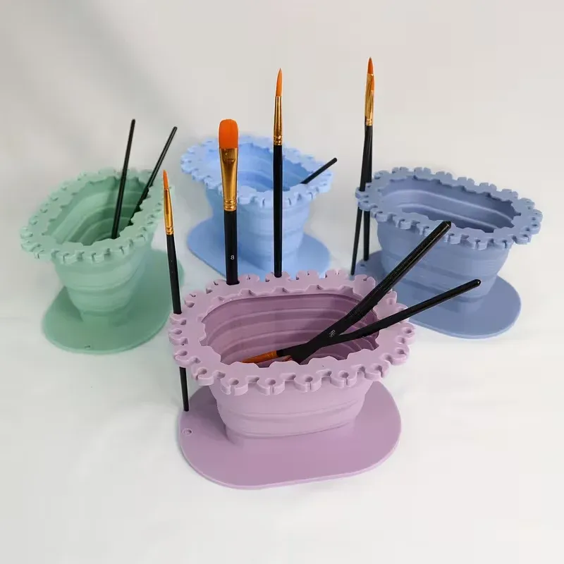 Seau de lavage pliable en silicone pour le nettoyage et le rinçage des pinceaux, avec support de rangement pratique 2