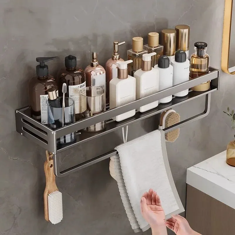 Étagère d'angle de douche sans perçage en aluminium avec porte-serviettes et porte-shampooing 2
