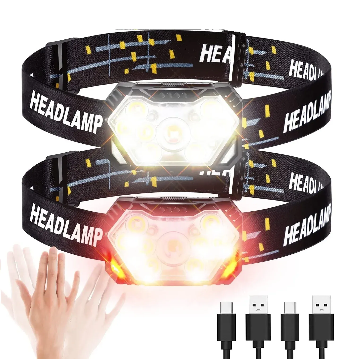 Lampe frontale LED rechargeable USB à 9 LED avec capteur de mouvement, lumière puissante pour la pêche, le camping et le plein air - Image 1
