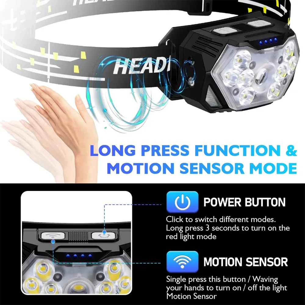 Lampe frontale LED rechargeable USB à 9 LED avec capteur de mouvement, lumière puissante pour la pêche, le camping et le plein air 3