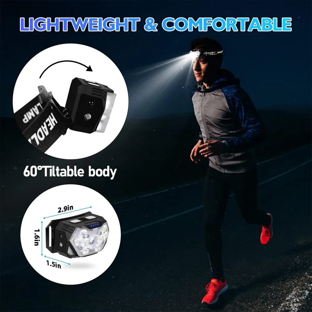 Lampe frontale LED rechargeable USB à 9 LED avec capteur de mouvement, lumière puissante pour la pêche, le camping et le plein air 5