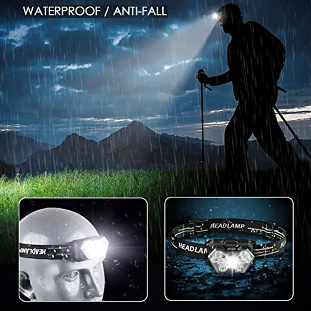 Lampe frontale LED rechargeable USB à 9 LED avec capteur de mouvement, lumière puissante pour la pêche, le camping et le plein air 6