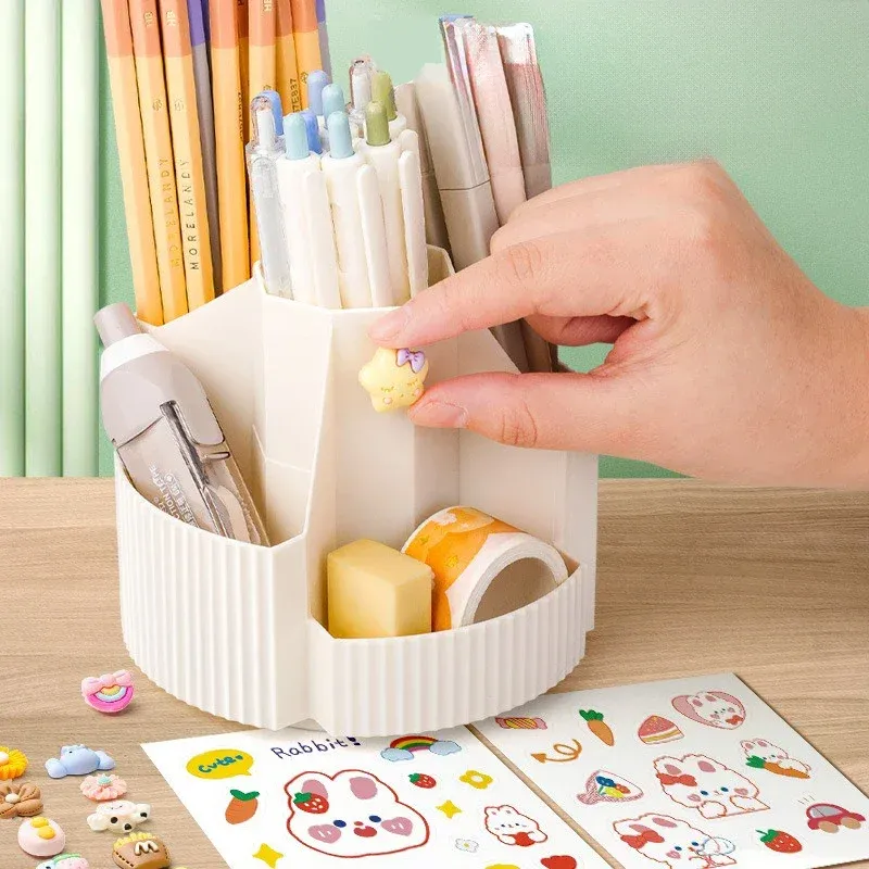 Organisateur de bureau pour papeterie à 5 compartiments, pot à crayons pivotant à 360 degrés pour la maison, le bureau et l'école 2
