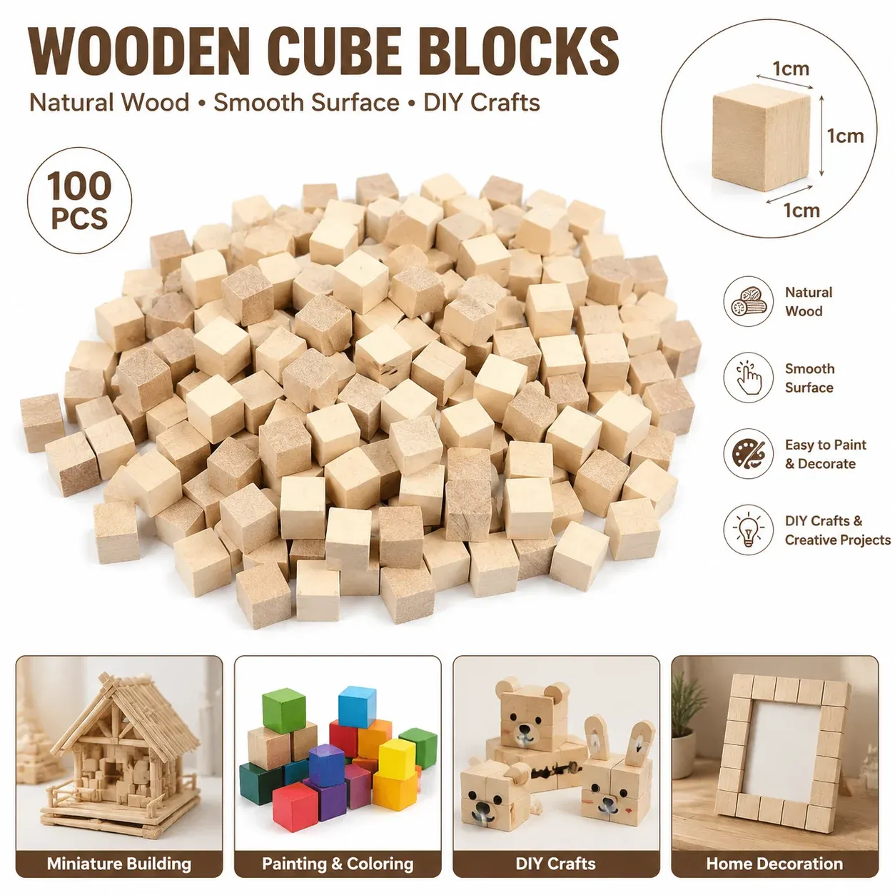 Cubes de bois en pin non finis, 1 cm – Lot de 100 ou 200 pour projets, artisanat et bricolage 6