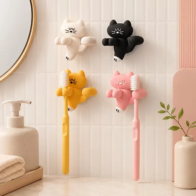 Porte-brosse à dents mural à ventouse en forme de chat, support de rangement pour salle de bain gain de place avec support adhésif pour dentifrice 1