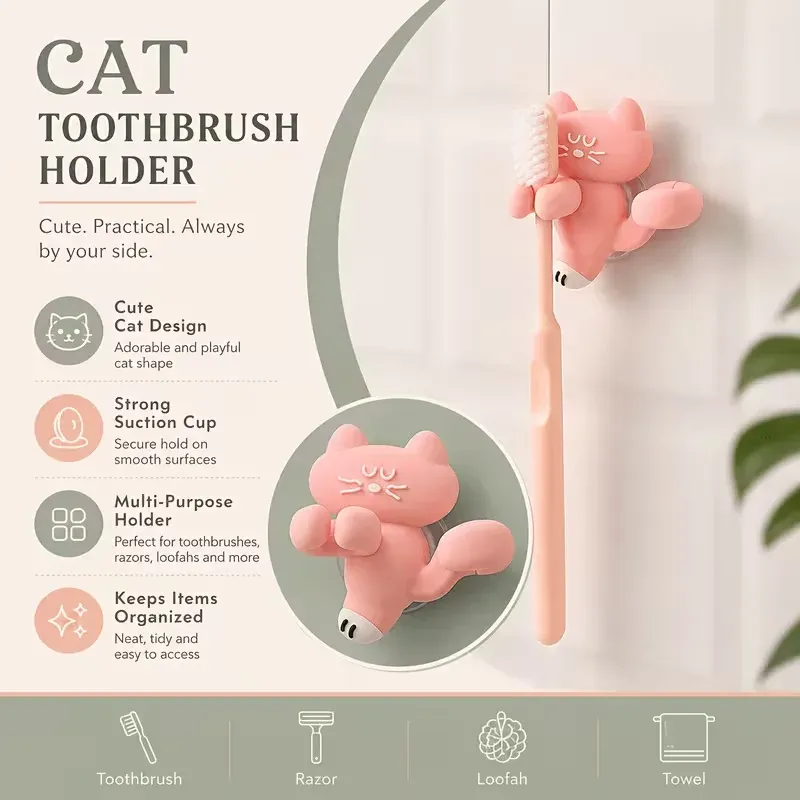 Porte-brosse à dents mural à ventouse en forme de chat, support de rangement pour salle de bain gain de place avec support adhésif pour dentifrice 3