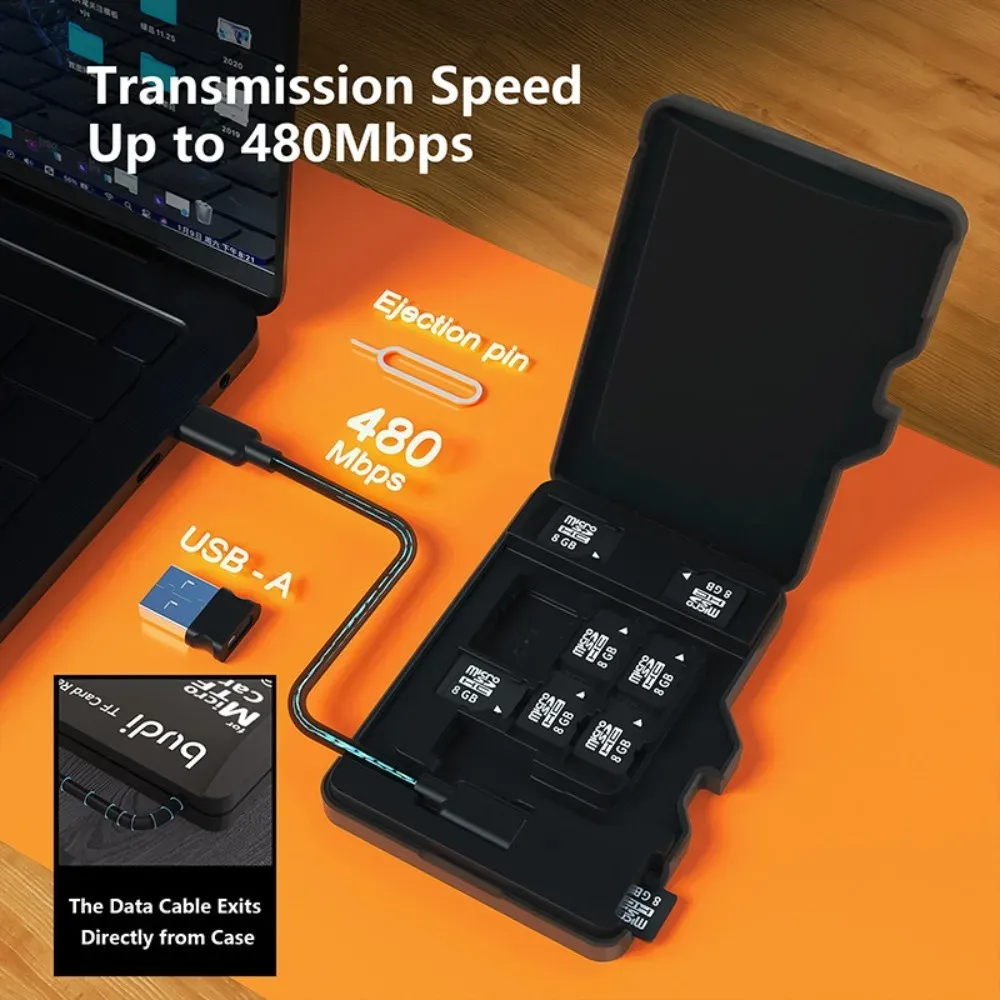 Lecteur de cartes mémoire BUDI TF 8 emplacements avec étui de rangement, compatible USB Type-C et USB 2