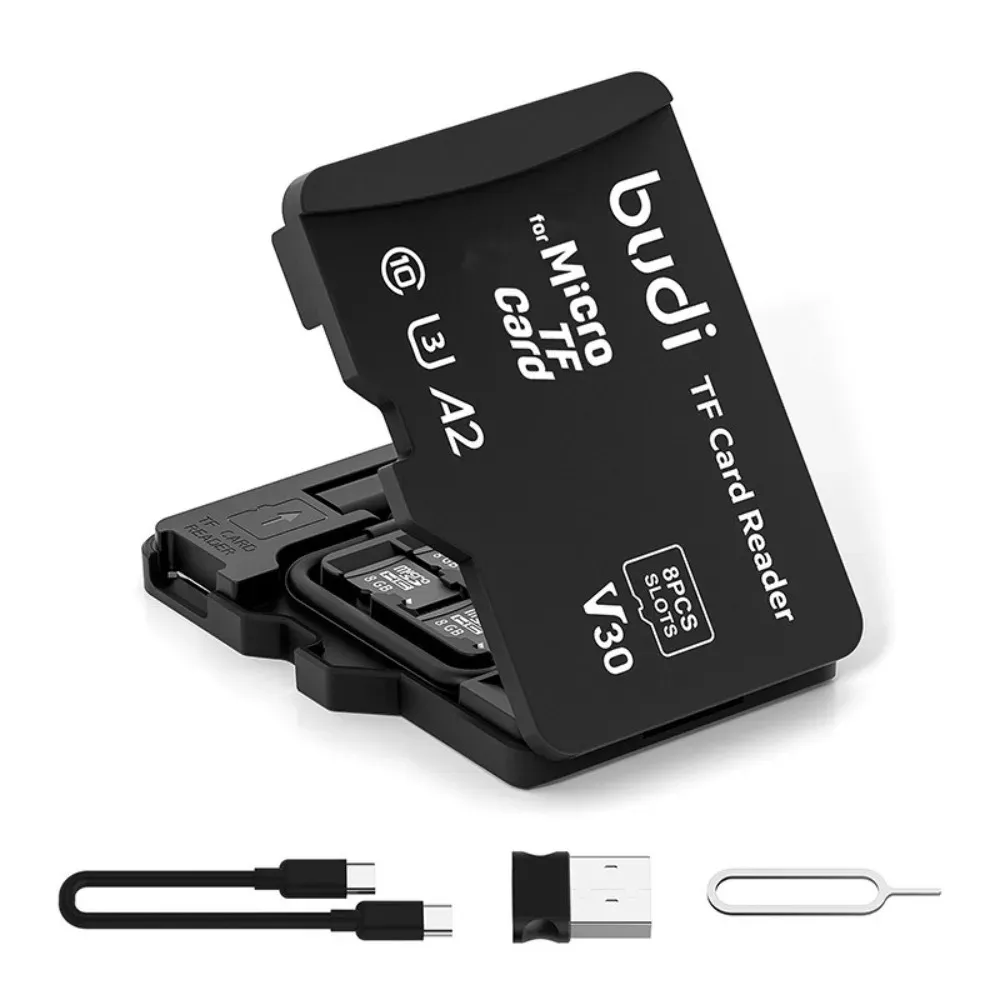 Lecteur de cartes mémoire BUDI TF 8 emplacements avec étui de rangement, compatible USB Type-C et USB - Image 1