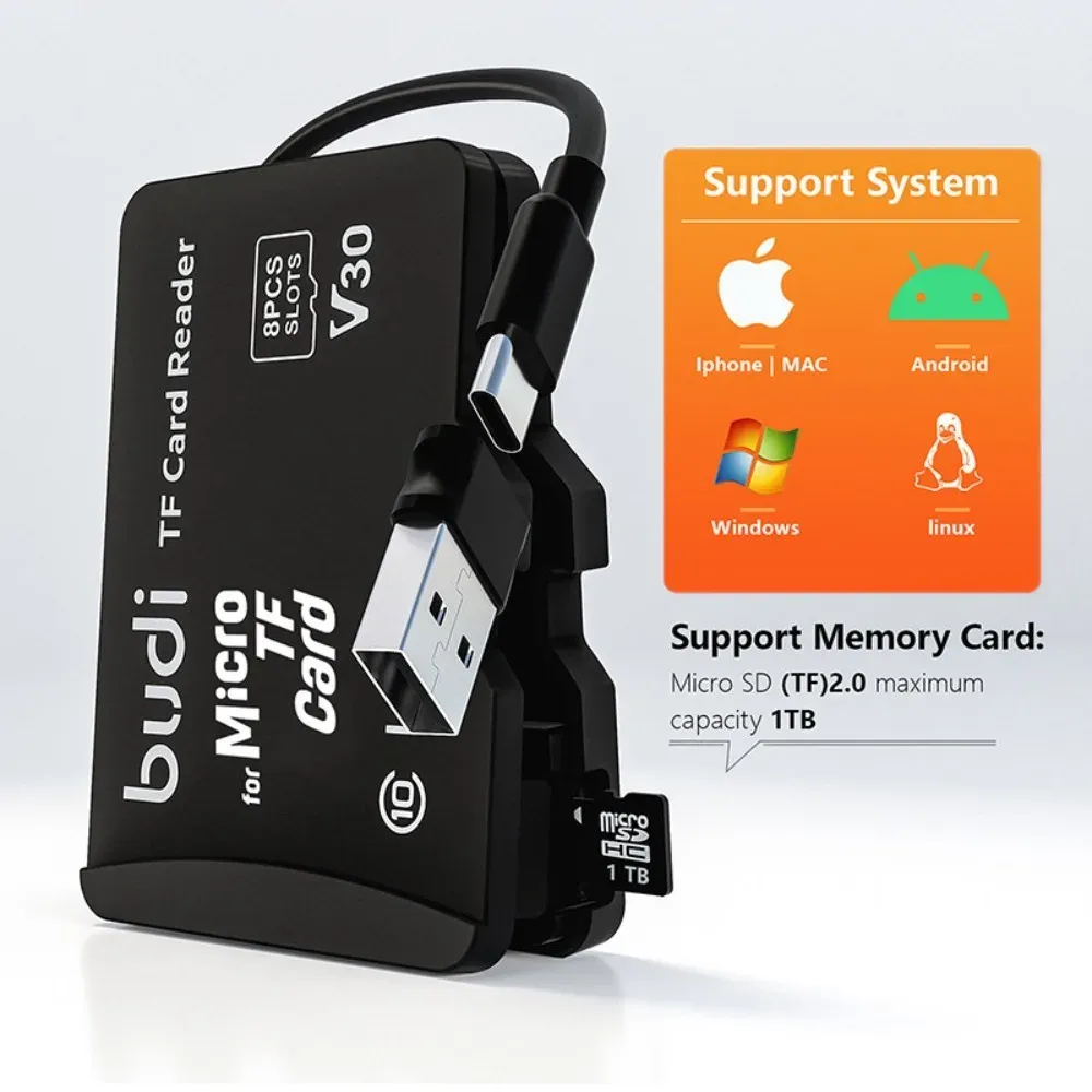 Lecteur de cartes mémoire BUDI TF 8 emplacements avec étui de rangement, compatible USB Type-C et USB 3